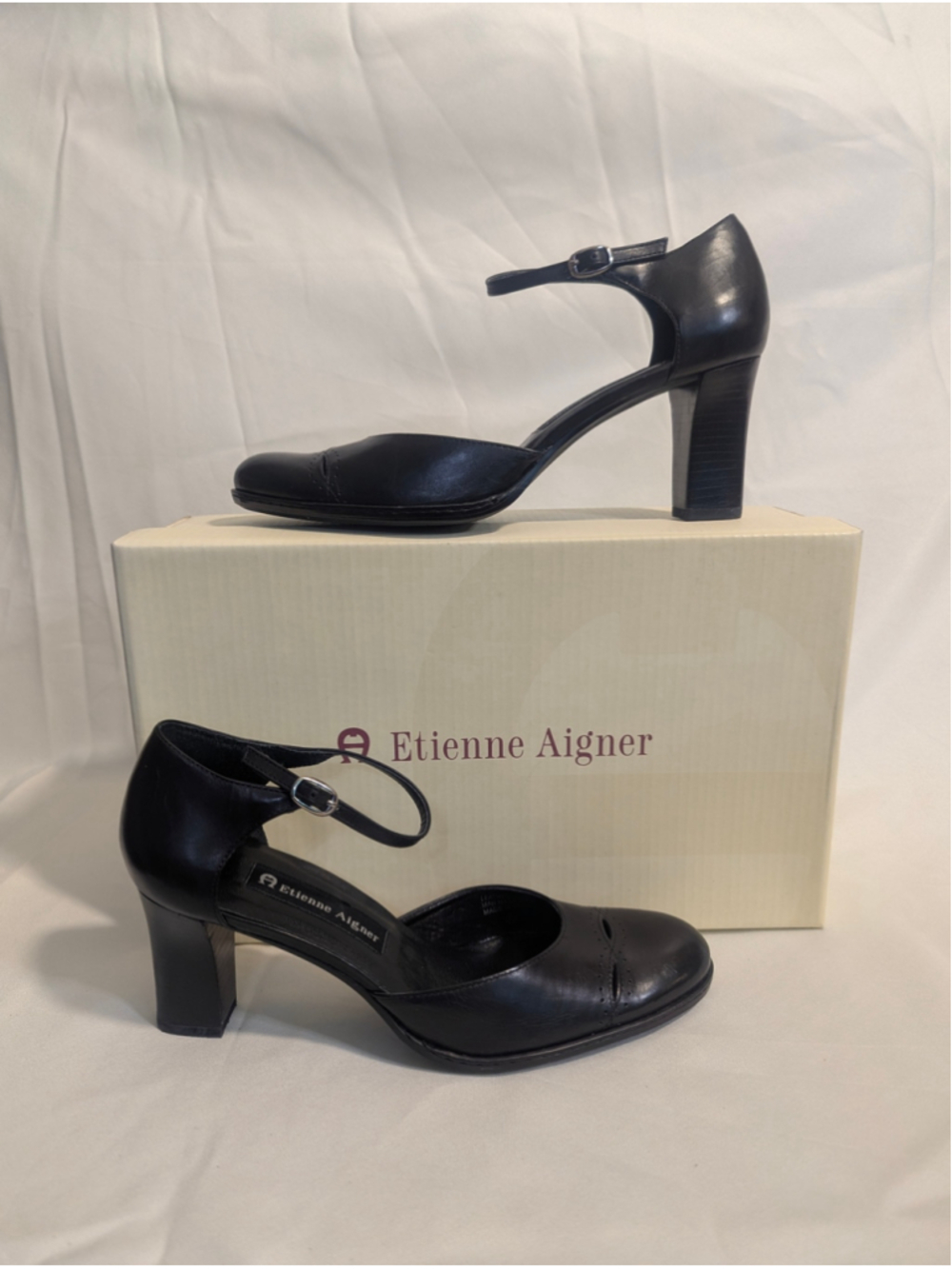 Etienne Aigner Ranier Ankle Strap Block Heels Size 7 Black Leather - Picture 2 of 12